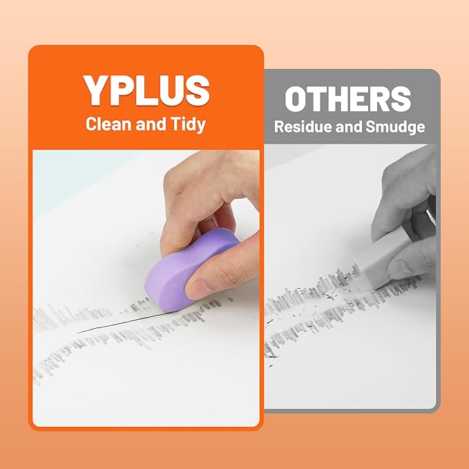 Yplus Eraser Line - Hipolymer Pencil Erasers for School Office, Cute White Rubber Eraser for Kids, Artist No Residues, 6 Pcs Multicolors