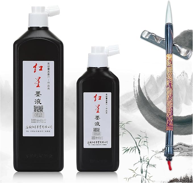 MEGREZ Chinese Calligraphy Ink, Redstar Black Liquid Ink Sumi Ink for Writing & Drawing Practicing Japanese Calligraphy, Traditional Chinese Calligraphy Brush Ink, 6.35 OZ x 3 Bottles