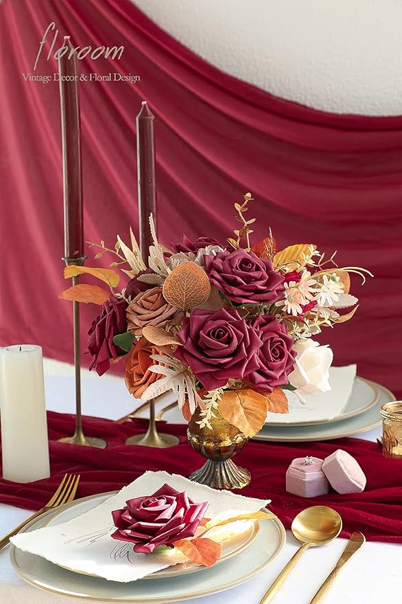 Floroom Artificial Flowers 16pcs 3.5" Real Looking Burgundy Foam Fake Hybrid Tea Roses with Stems for DIY Red Wedding Bouquets Bridal Shower Centerpieces Floral Arrangements Party Tables Decoration