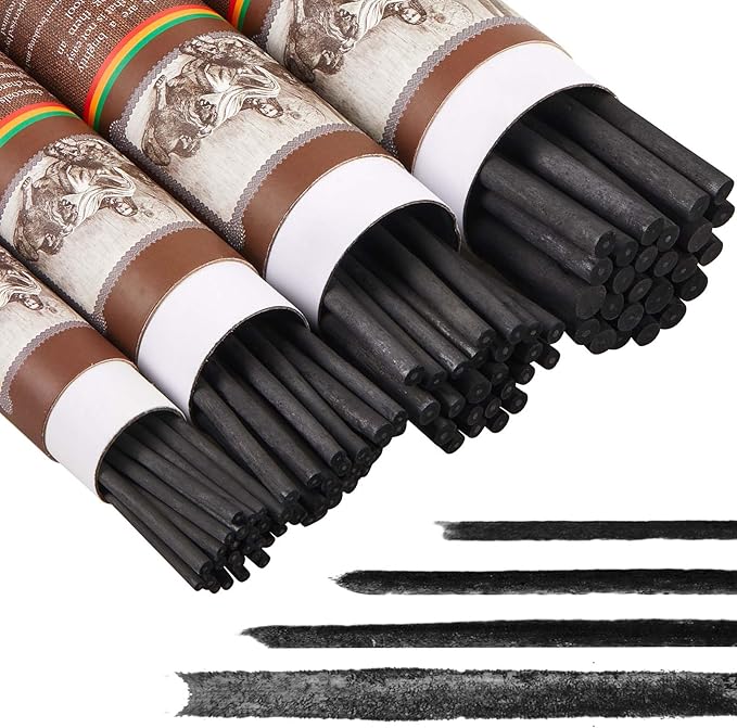 Gueevin 100 Pcs Willow Charcoal Sticks, Willow Charcoal, Artists, Beginners, Students, Perfect for Sketching, Drawing, Shading, and Fine Art Christmas Gifts for Art (2-4mm,4-5mm,5-7mm,7-9mm)