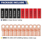 haisstronica 10pcs 1/0 AWG - 3/8"(M10) Battery Cable Lugs, Heavy Duty Copper Wire Lugs with 10pcs 3:1 Adhesive Heat Shrink Tubing,0 Gauge Wire Connectors Battery Terminal Connector,Battery Cable Ends
