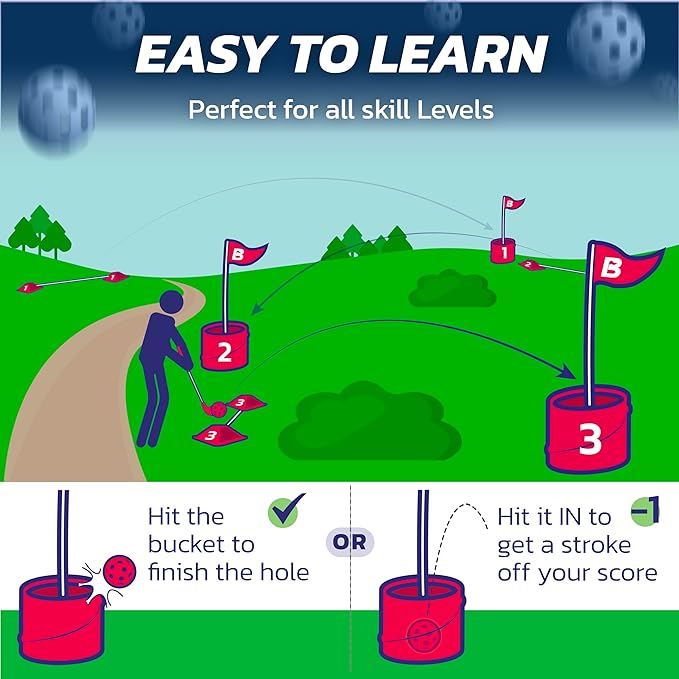 bucketgolf Game The Original Ultimate Backyard Lawn Golf Game for Family, Adults and Kids - Portable 6 Hole Golf Course Play Outdoor, Lawn, Park, Beach, Yard.