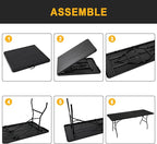 70.8" W X 29" D X 29" H - 6 ft Folding Table Black Wood Grain Portable Heavy Duty Plastic Fold-in-Half Utility Foldable Table for Camp，Picnic & Party