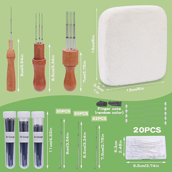 OEHPICC 128 Pcs Needle Felting Tools, 6×6 Inch Wool Felting Pad, 102 Pcs Felting Needles, Felting Tools with 3 Size Wooden Handle Holder for DIY Wool Felting Projects