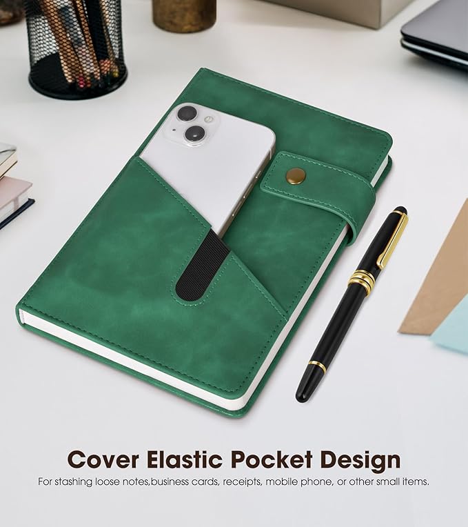 Green A5 Lined Leather Journal Notebook for Men Women,5.9" X 8.4" Personalized Hardcover Journal with Pen,200 Pages 100 Gsm Thick Ruled Paper Daily Diary for School,Travel,Work,Writing