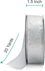 CT CRAFT LLC Glitter Wired Ribbon 1.5" x 20 Yards Silver for Christmas Home Decor Bow Gift Wrapping DIY Crafts Wreath