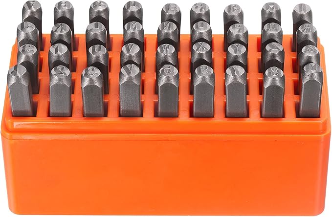 HARFINGTON 36pcs Metal Stamping Kit 3/16" (5mm) Steel Uppercase Letter and Number Punch Set (A-Z / 0-8 / "&" Symbol) Punch Press Tool with Case for Imprinting Metal Plastic Wood Leather