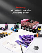 Fantastory Metallic Iridescent Acrylic Paint Set with 12 Brushes, 12 x 2oz Metallic Colors, Color-Shifting, Craft Paint Kit, Metal/Canvas/Rock/Stone/Ceramic/Model/Wood Painting [Balanced Series].