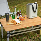 Bamboo Folding Camping Table 4 Folds with Adjustable Aluminum Legs Portable Picnic Table with Storage and Carry Bag for Outdoor Hiking Beach 3-5 Person