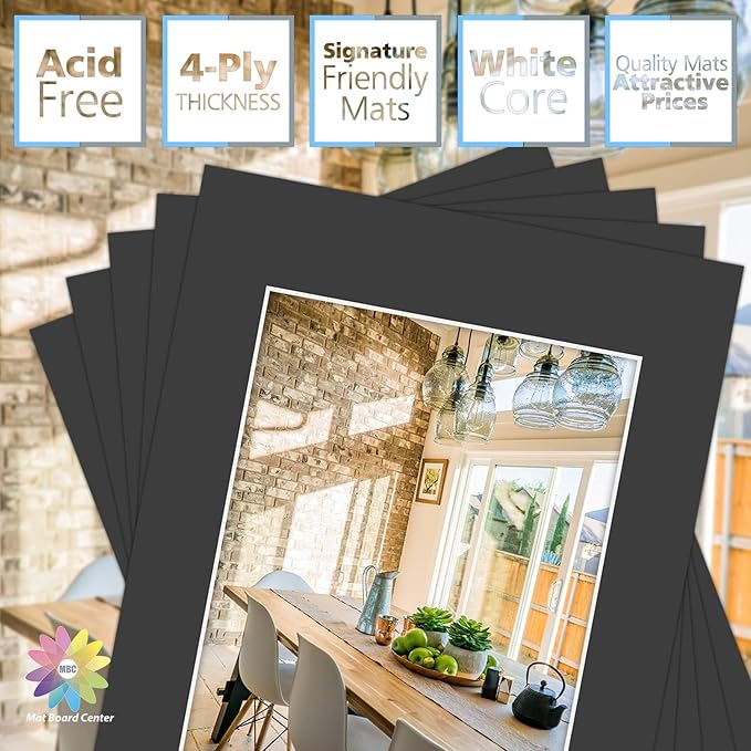 MBC Mat Board Center, Pack of 5, 11x14 for 8x10 Black Photo Picture Mat - Acid Free, 4-ply Thickness, White Core - for Pictures, Photos, Framing