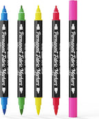 Fabric Markers Permanent for Clothes, Dual Tips Fabric Paint Pens No Bleed for Canvas, T-Shirts, Bags, and Textile - Quick Dry & Non-Toxic for Kids Adults, 5 Pack