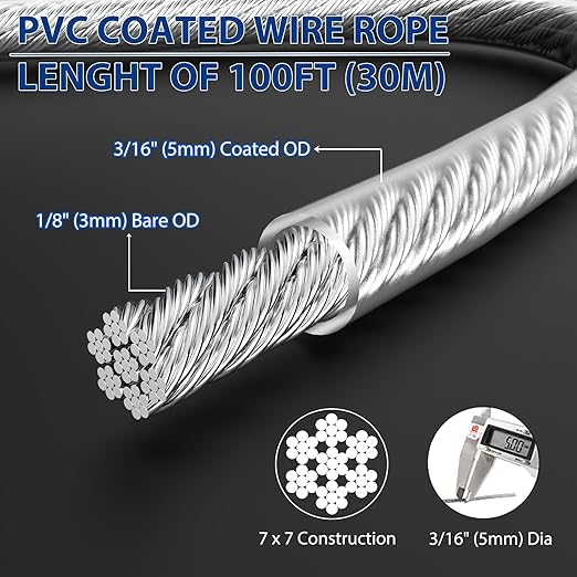 3/16" Wire Rope, 100Ft PVC Coated Steel Cable 7×7 Strand Core, Ideal Cable Railing System for Stair Handrail Balusters Porch Fence Deck, String Light Hanging, Clothesline, Curtains, Shade Sail