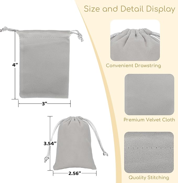 Velvet Drawstring Jewelry Bag, 50Pcs Grey Coin Pouch, 3x4 Dice Bag, for Wrapping Halloween Party Favors or Gifts for Friends, Small Bussiness, Palm Crosses, Necklaces, Bracelet