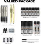 Nicpro 37PCS Gold Art Mechanical Pencil Set, 4PCS Metal Drafting Pencil 0.3/0.5/0.7/0.9 mm & 2PCS 2mm Lead Holder (6B 4B 2B HB 2H 4H) School Supplies for Sketching Drawing with 23 Tube Lead Refills