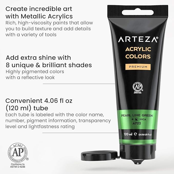 Arteza Metallic Acrylic Paint, Set of 8 Floral Brilliance Colors 4 oz Tubes, Rich Pigments, Non Fading, Non Toxic Paints for Artists & Hobby Painters