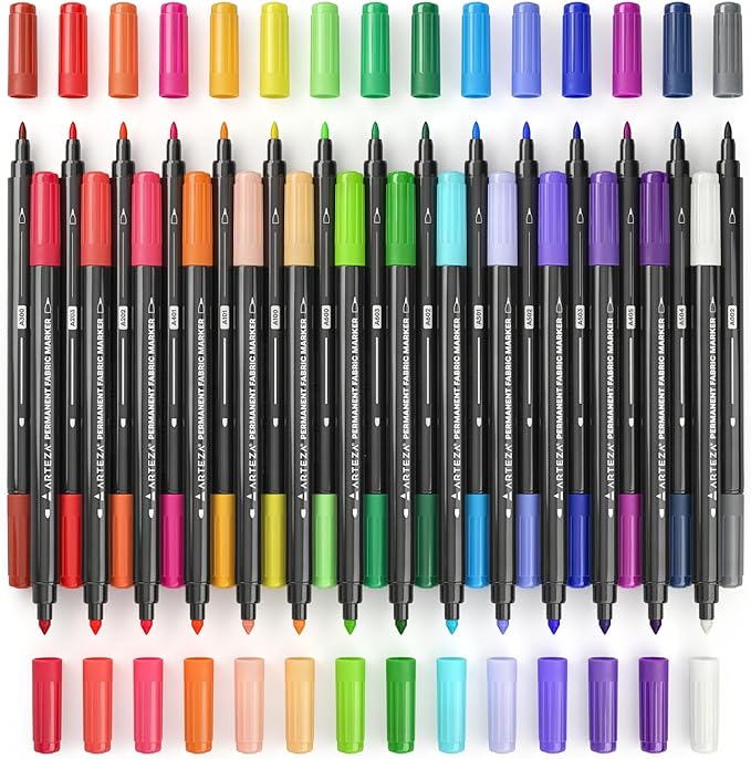 ARTEZA Fabric Markers, Set of 30, Colored Permanent Textile Markers, Dual-Tip Pens for Coloring T-Shirts, Jeans, Jackets, Backpacks