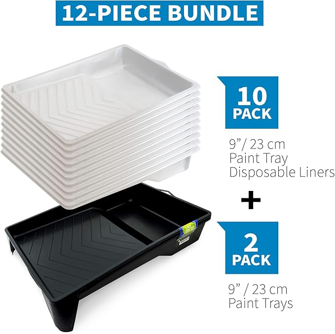 Precision Defined Paint Trays, Paint Roller Trays Liner, Plastic Paint Pan for Roller Brushes, Painting Tray for Painting with Deep Paint Pocket (Paint Tray & Liner (12-Pack), 9-inch)
