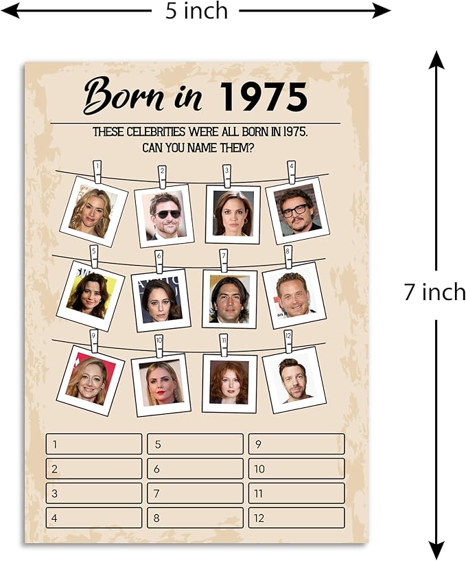 50th Birthday Party Games, Born in 1975 Games Bundle, Set of 5 Activities for 10 Guests, Birthday Party Supplies for Adults, Pack of 50 Cards