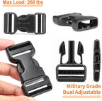 Heavy-Duty Buckles and Strap Set 1-1/4": 6 Yards of Thick Nylon Webbing, 6-Pack Adjustable Quick Side Release Plastic Buckles, 12 Tri-Glide Slide Clips, Black (1 1/4 Inch Combo Set)