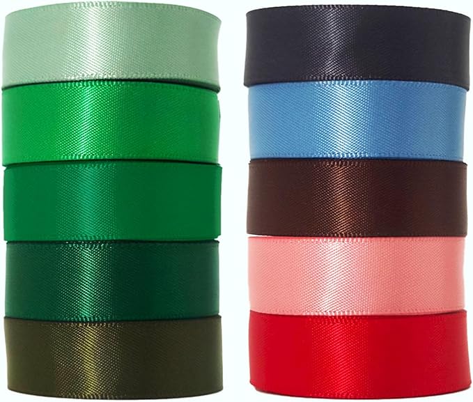 5/8 Inch Assorted Satin Ribbon Set, 50 Yards Double Faced Pack, Into The Forest 10 Colored Green Ribbon Bulk for Gift Wrapping, Crafts, Flower Bouquet, Eco Environment, Earthy Day, Forest Wedding