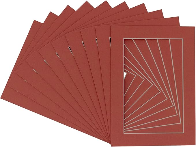 Pack of 25 Acid Free 8x10 Mats Bevel Cut for 6x8 Photos - Brick Red Precut Matboards With Backing Boards and Clear Photo Mat Bags For Pictures, Photos, Framing - 4-ply Thickness