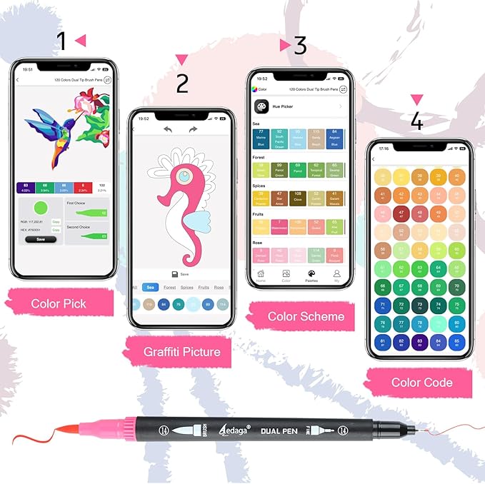 120 Colors Numbered Dual Tip Brush Pens with Free App, Fine and Brush Tips Pens for Adults and Kids, Coloring Markers for Coloring Book Bullet Journaling Note Taking Planner Hand Lettering