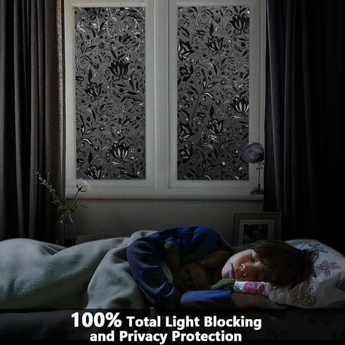 LEMON CLOUD Total Blackout Window Film Privacy Static Cling Frosted Black Window Covering 100% Opaque Film Tint Darkening Removable Film for High Privacy，(Blackout Tulip Design,29.5 x78.7 inches)