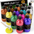Nicpro Metallic Acrylic Paint Set (16.9 oz, 500 ml), 14 Colors Large Acrylic Paint Bulk, Non Toxic Art Painting Supplies for Multi Surface Canvas Rock Wood Leather Stone Metal Craft with Color Wheel