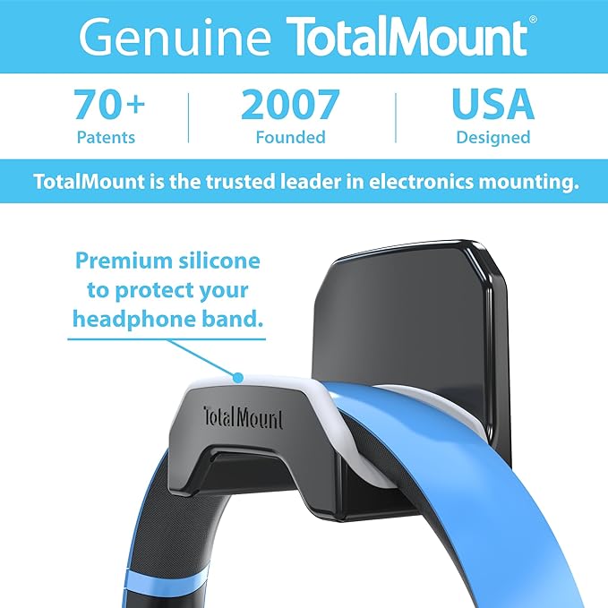 TotalMount Gaming Headset Hanger – Includes Removable Adhesive Strips for Easy, Damage-Free Wall, Desk, or PC Mounting (Black Headphone Hook with Premium Silicone Cradle – One Pack)
