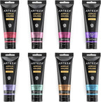 Arteza Metallic Acrylic Paint, Set of 8 Vibrant Essentials Colors 4.06oz Tubes, Rich Pigments, Non Fading, Non Toxic Paints for Artists & Hobby Painte