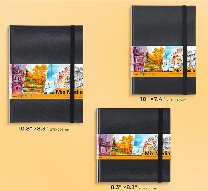Ohuhu Mix Media Pad - 8.3"x8.3" Mixed Media Art Sketchbook, 120 lb/200 GSM Heavyweight Papers, 78 Sheets/156 Pages, PU Hardcover Mixed Media Paper Pad for Acrylic Painting Christmas Gift