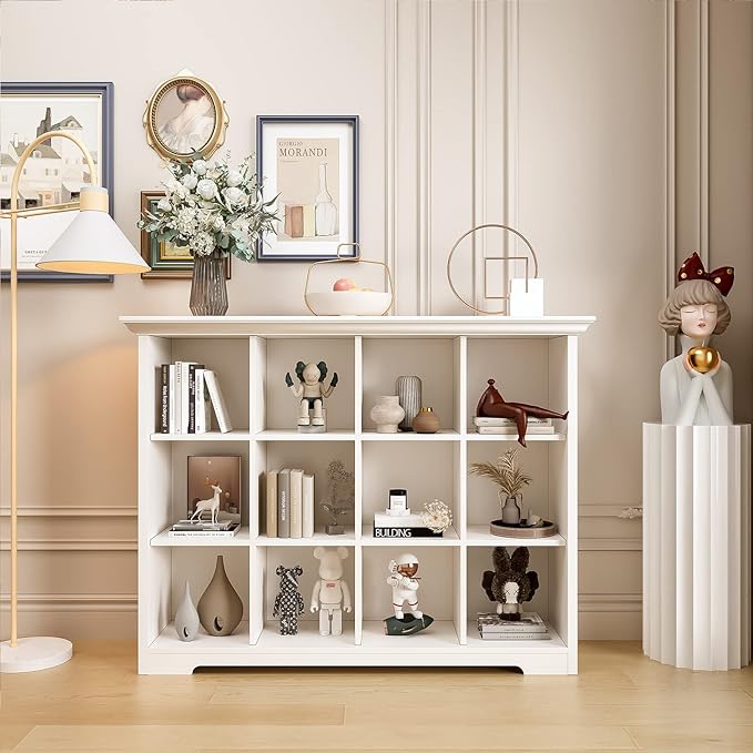 Wooden Cube Bookcase with Base - Modern 3 Tiers Floor Standing Open Shelf Cabinet for Home and Office, 12-Cube Lattice Bookshelf, Warm White