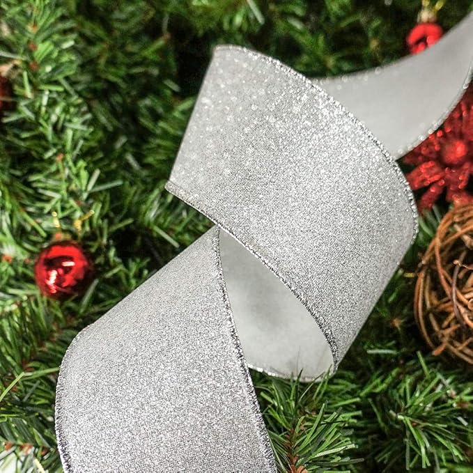 CT CRAFT LLC Glitter Wired Ribbon 2.5" x 10 Yards Silver for Christmas Home Decor Bow Gift Wrapping DIY Crafts Wreath