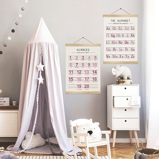 Alphabet and Numbers Wall Chart Set of 2 ,Kids Educational Posters,ABC and 1-20 Number Learning Banners for Toddlers, Preschool Classroom, Homeschool, Nursery, Playroom Decor 14 x 18.5 Inch(Pink)