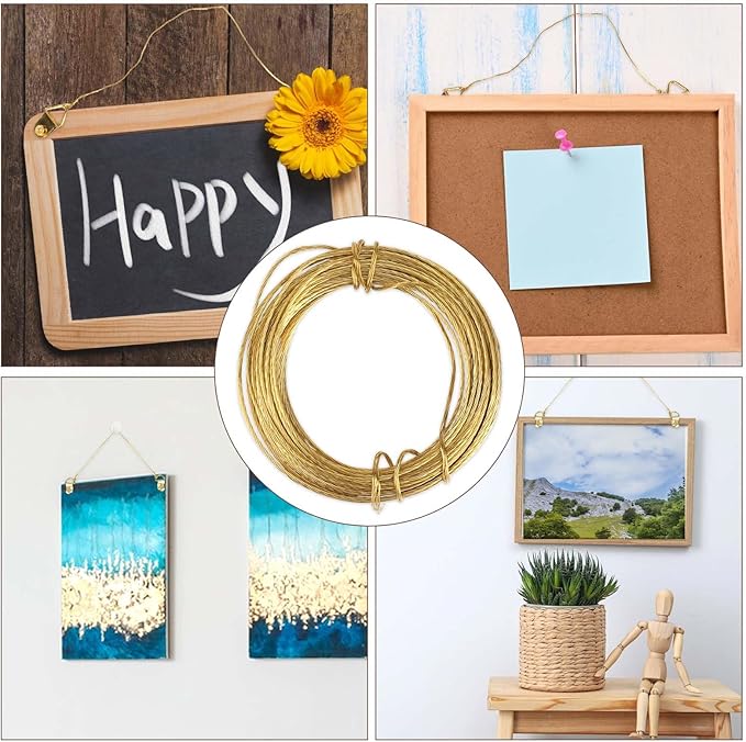 Picture Hanging Brass Wire 20 Feet Braided Picture Wire Multi-Stranded Metal Wire for Artwork, Mirrors, Clocks, Golden