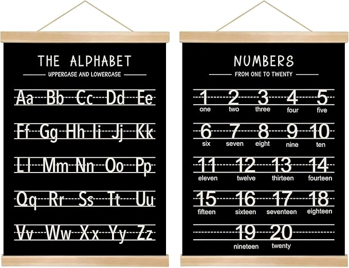 Alphabet and Numbers Wall Chart Set of 2,Kids Educational Posters,ABC and 1-20 Number Learning Banners for Toddlers, Preschool Classroom, Nursery, Playroom Decor14 x 18.5 In(Black and white)