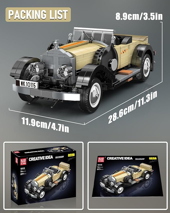 Mould King 10115 Classic Vintage Car Building Kit, Retro Car Building Blocks Sets, 1:16 Scale Convertible Sports Cars Display Model, Collectible Set for Adults to Build, Toys for Teen(897 Pieces)