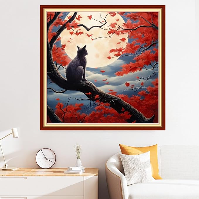 Disxvivy Cross Stitch Stamped Full Embroidery Kits DIY 11CT Cotton Thread Printed DIY Needlepoint Kits Craft Needlework Set Cross-Stitch Stamped Sets-Cats Admiring Moon 18x18 inch