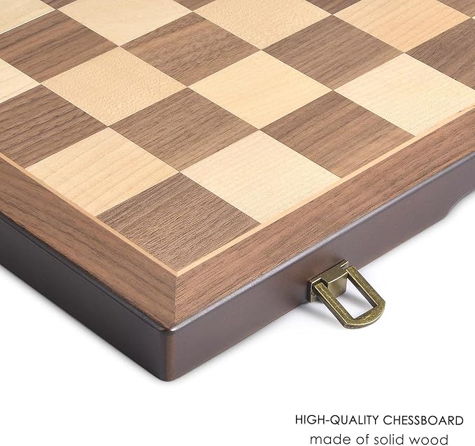AMEROUS Magnetic Wooden Chess and Checkers Game Set, 15 Inches (2 in 1) Chess Board Games, 2 Extra Queens - Gift Package - Game Pieces Storage Slots, Beginner Chess Set for Kids, Adults