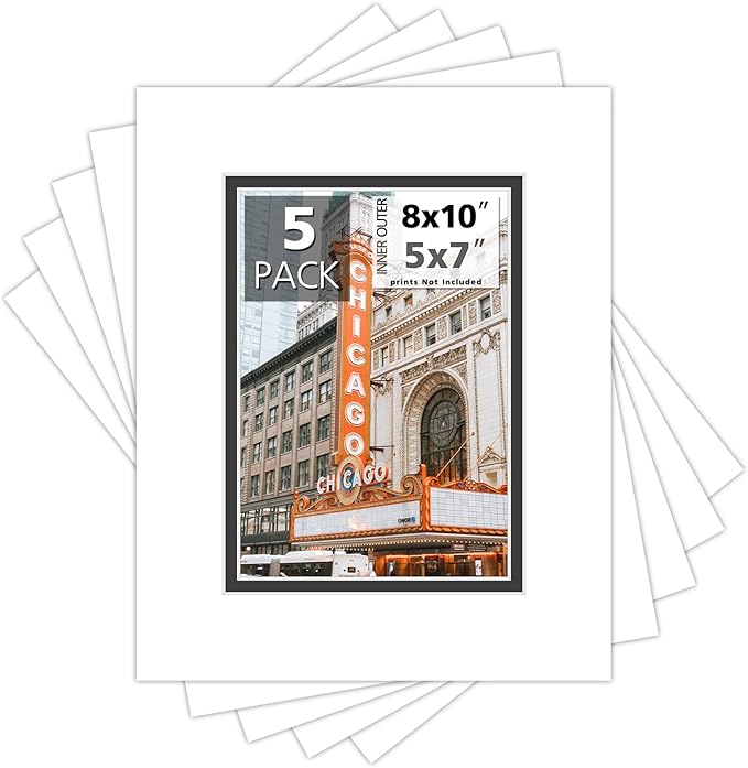 Mat Board Center, Double Mat - Acid Free, 8-ply Thickness, White Core - for Pictures, Photos, Framing (White Over Black, 8x10 for 5x7, Pack of 5)
