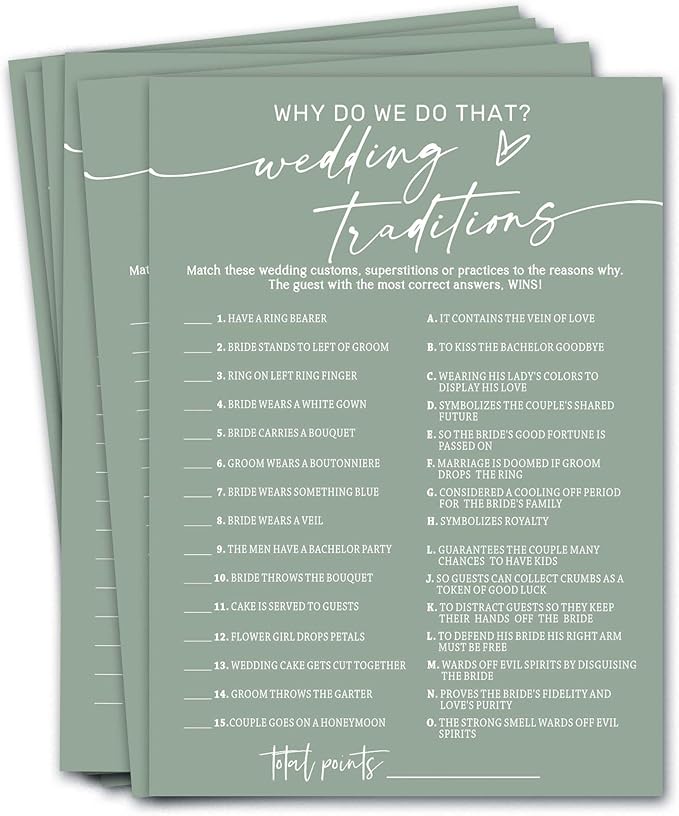 Bridal Shower Games Cards, Wedding Traditions Why Do We Do That, 25 Game Cards with 1 Answer Card, Engagement Party Wedding Games for Guests, Minimalist Green Wedding Party Supplies - C08