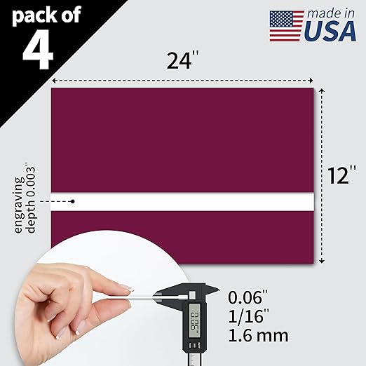Trotec TroLase | 12"x24"x1/16", 4 Pcs | Burgundy/White | 2 Ply | Modified Acrylic | Laser Engraving Double Color Plastic Sheet | Engraving Blanks for Laser, Saw, Guillotine | Made in USA