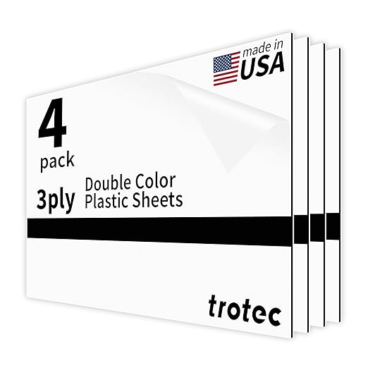 Trotec TroLase | 12"x20"x1/16", 4 Pcs | White/Black/White | 3 Ply | Modified Acrylic | Laser Engraving Double Color Plastic Sheet | Engraving Blanks for Laser, Saw, Guillotine | Made in USA