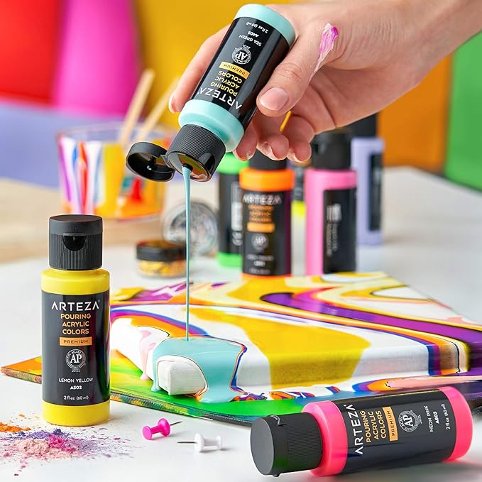 ARTEZA Acrylic Pouring Paint Set of 32, 2 ounce Bottles, Assorted Colors, High Flow Paint, Art Supplies for Pouring on Canvas, Glass, Paper, Wood