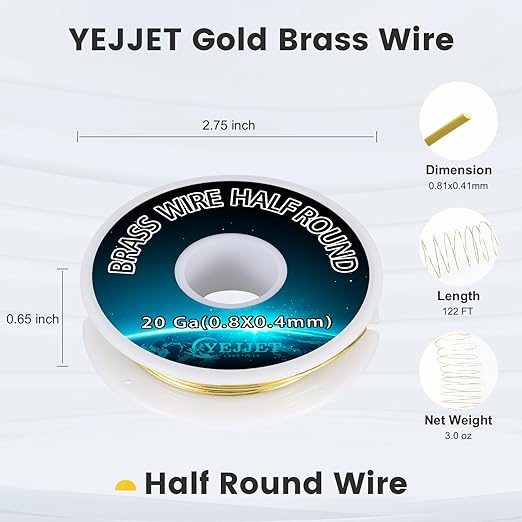 Artistic Wire 20 Gauge Brass Half Round 0.81x0.41mm - 3.0 oz 122 Feet Jewelry Findings, Sculpting Supplies