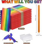 6 inch Colored Wooden Sticks Kits, 400PCS Colorful Rainbow Sticks with Hot Glue Gun and Sticks for Craft Home Popsicle Decoration Project Building Model Kid Classroom Art Craft Supplies
