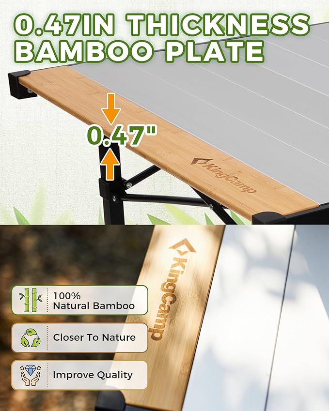 KingCamp Aluminum Folding Lightweight Roll Portable Stable Table for Camping Picnic Barbecue Backyard Party, Indoor & Outdoor, Oversize, Silver Black (Extended Pro, #6P Bamboo)