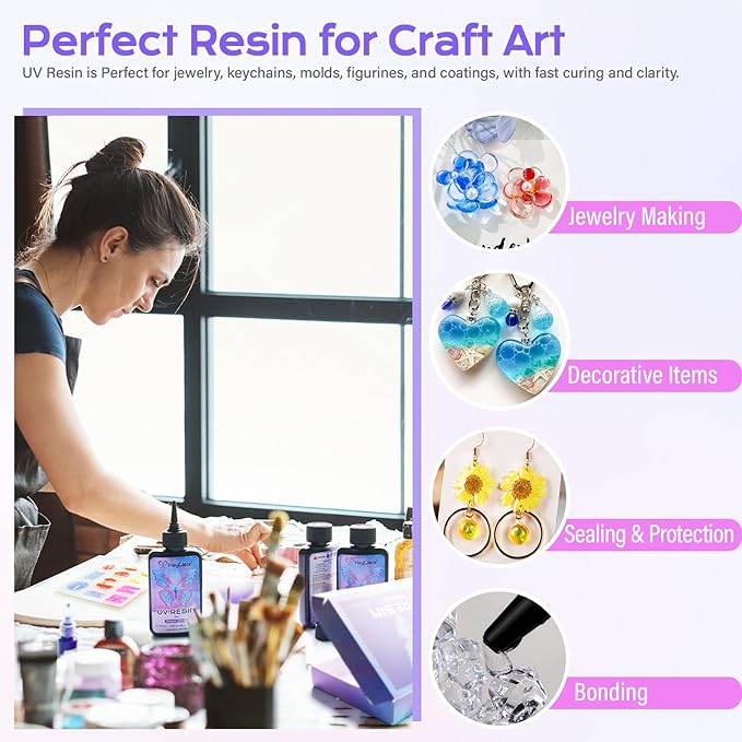 UV Resin kit with Molds and Casting Tools -Super Clear, Hard, Low Odor, Premixed and Fast Curing for Jewelry Making, Earring DIY, Craft Decoration, Coating -100g