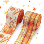 Threetols 2 Rolls 10 Yards Fall Wired Edge Ribbons, 2.5inch Orange Plaid Burlap Ribbons, Autumn Leaves Pumpkin Ribbon for Thanksgiving Party DIY Craft Fall Wreath Bow Decor