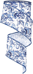 Blue White Floral Wired Edge Ribbon Roll Vintage Watercolor Flower Craft Ribbon Chinoiserie Fabric Ribbon for Wreath Bow Making DIY Craft Wrapping Party Supplies, 12 Yard